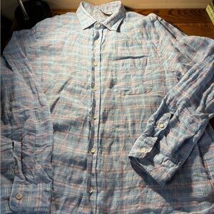 Faherty Blue and Pink Plaid Casual Button Down Shirt, 100% Linen, XL